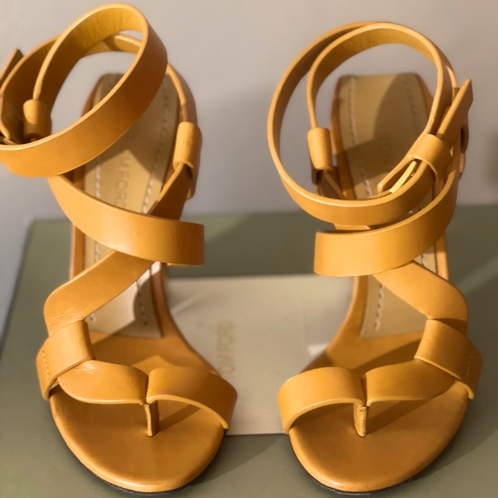Orange thong ankle strap block heel
